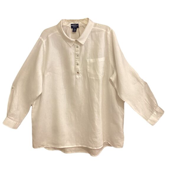 Jones & Co Plus Sz 2x XXL 100% White Linen Blouse Tunic Button Down Long Sleeve - Picture 1 of 15